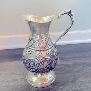 Vintage S/P Forever Lovely and Beautiful Silver Tone Etched 9" Pitcher India